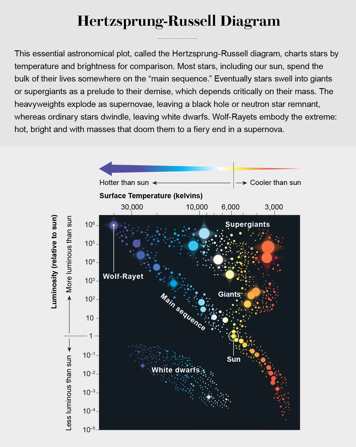Hertzsprung-Russell diagram shows stars as circles scaled according to mass and positioned along two axes indicating temperature and brightness, with Wolf-Rayets pictured as relatively large circles occupying the hottest, brightest corner.